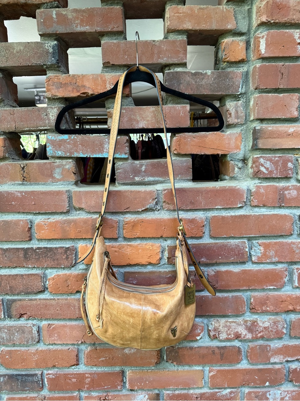 Frye Tan Leather Crescent Shoulder Bag with Adjustable Strap